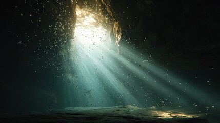 Obraz premium Sunlight streams into an underwater cave, creating a mesmerizing display of light and shadow in the depths of the ocean