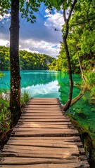 Fototapeta premium Tranquil lake vista with wooden boardwalk. Lush greenery surrounds a turquoise lake, with a wooden path leading into the scene. Sunlight filters through the trees, creating a peaceful atmosphere