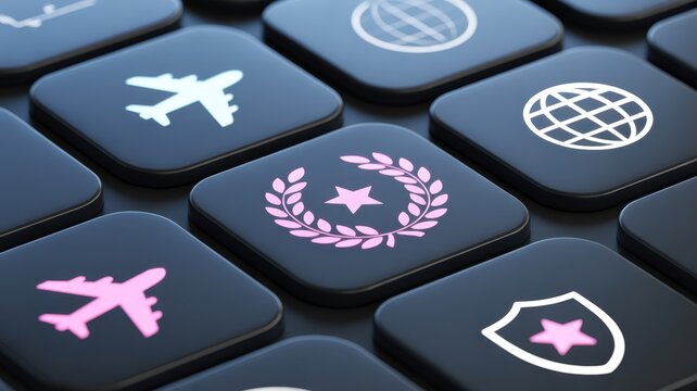 Iconic Keys: An artistic composition of black keys featuring a star and laurel wreath icon in the center and other themed icons, showcasing a blend of technology and design. 