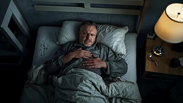 Elderly Man Experiencing Chest Pain in Bed at Night