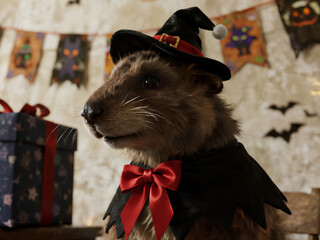 Adorable dog wearing a Halloween costume with a red bow and witch hat. Festive background with bats, banners, and gift box. Perfect for holiday greeting cards, seasonal decorations, party invitations