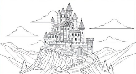 Naklejka premium Majestic castle drawing mountain landscape