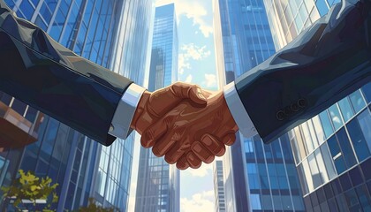 Two business professionals exchange a handshake amidst towering city skyscrapers, symbolizing a successful agreement or partnership.