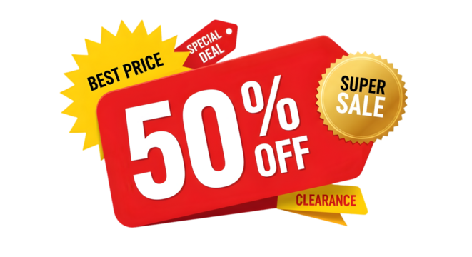 Limited time 50% off super sale offer, enjoy the best price with special clearance deal todayisolated on transparent background