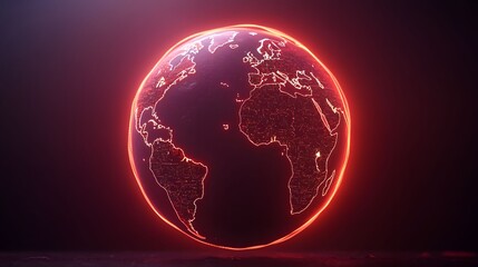 Fototapeta premium The image displays a glowing globe of Earth with red outlines against a dark background, showcasing continents with a futuristic, interconnected network appearance.