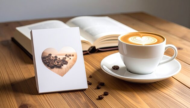 A heart-shaped photo frame, featuring coffee beans, sits beside an open book and a latte