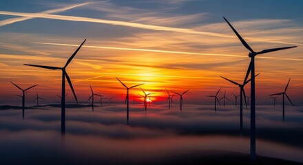 Majestic wind turbines silhouetted against a fiery sunset over a misty landscape