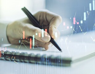 Close-up of a hand writing in a notebook, overlaid with financial charts