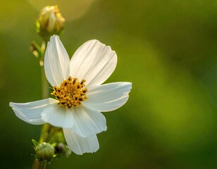 Obraz premium Close-up of a single white flower, petals delicate and light. Soft, golden sunlight highlights the blossom. Out-of-focus green background