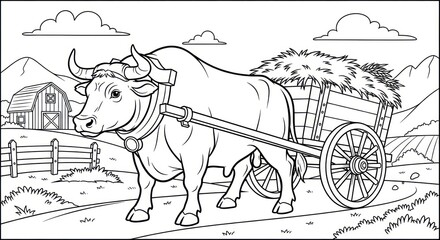 Ox pulling hay cart illustration
