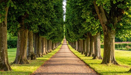 Obraz premium A sun-drenched avenue lined with tall, lush trees