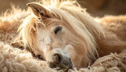Gentle pony rests in sunlit hay