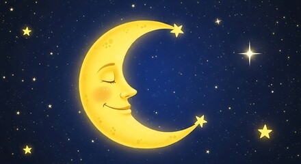 Naklejka premium Smiling Crescent Moon and Stars in a Peaceful Night Sky.