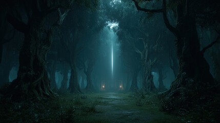 Glowing Path Through Dark Fantasy Forest
