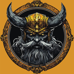  Blue Horned Viking Warrior Head in Frame | Nordic Mythology Vector Art