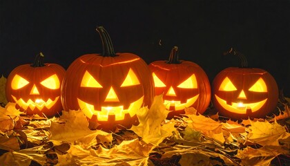Spooky halloween jack-o'-lanterns illuminated in autumnal foliage