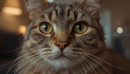 Playful cat portrait indoor home setting animal photography cozy environment close-up view captivating expressions