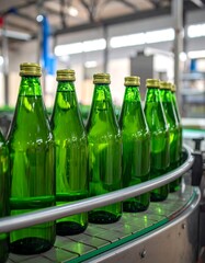Rows of emerald green glass bottles on a conveyor belt in a beverage production facility.