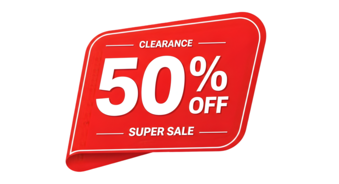 Clearance super sale 50 percent off, attract customers to a modern red tag promotion nowisolated on transparent background