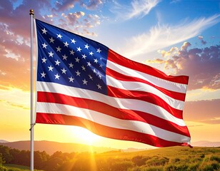 American flag waving proudly at sunset over a landscape