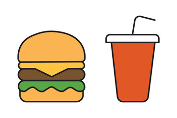 Burger icon. Fast food icon vector. Hamburger and drink icon. Hamburger soda icons vectors graphic designs. Symbols of street food. Restaurant concept.