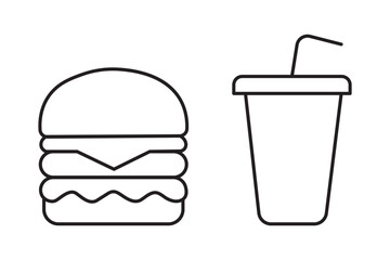 Burger line icon. Fast food icon vector. Hamburger and drink icon. Hamburger soda line icons vectors graphic designs. Symbols of street food. Restaurant concept.