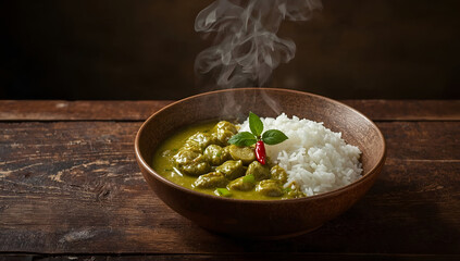 Delicious green curry with rice rustic kitchen food photography warm ambiance close-up culinary delight