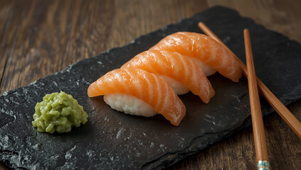Slicing delicious salmon sushi japanese cuisine food photography rustic restaurant close-up view culinary art