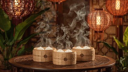 Steaming dim sum delights traditional restaurant culinary art cozy atmosphere close-up perspective exquisite flavors