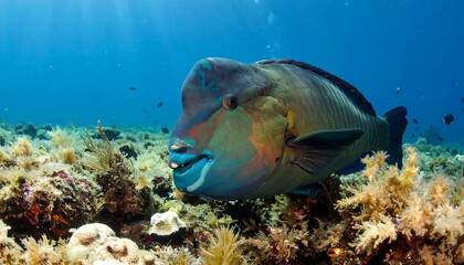 A vibrant parrotfish, with striking multicolored scales, gracefully navigates a shallow coral reef, showcasing the underwater beauty of a tropical marine ecosystem.