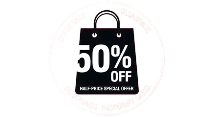 Super sale clearance event with 50 percent off discount label, half price special offer shoppingisolated on transparent background