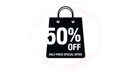 Super sale clearance event with 50 percent off discount label, half price special offer shoppingisolated on transparent background