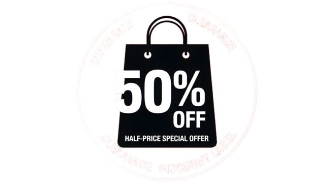 Super sale clearance event with 50 percent off discount label, half price special offer shoppingisolated on transparent background