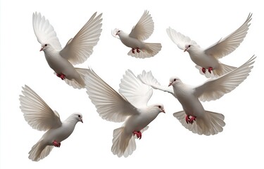 Obraz premium High resolution white doves in unique flying poses isolated on white background, showcasing elegant wings, soft feathers, dynamic movement, and harmonious peaceful composition.
