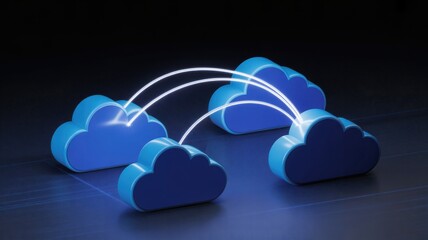Cloud Computing Connection: Depicting a modern network with glowing connections between fluffy clouds, perfect for illustrating the concept of cloud computing and data sharing.