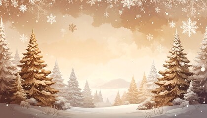 Fototapeta premium A picturesque winter landscape filled with snow-covered evergreen trees and delicate snowflakes against a warm, golden sunrise.