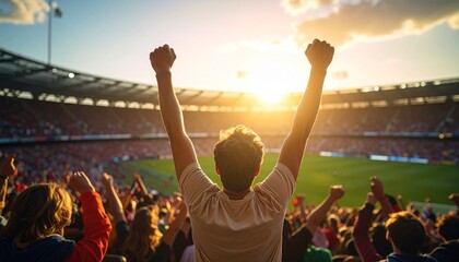 Enthusiastic male sports fan cheers with arms raised, a cinematic shot of victory, celebration, and team spirit in a vibrant stadium.

