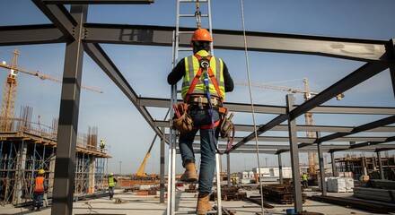 Construction worker on ladder, steel structure building site, safety harness