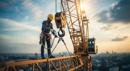 Construction worker operating crane hook, high-rise building site, sunset cityscape