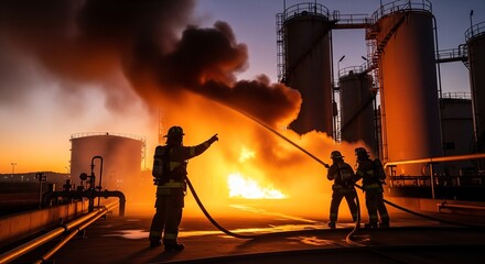 Firefighters battling industrial fire at sunset, large storage tanks, dramatic smoke and flames