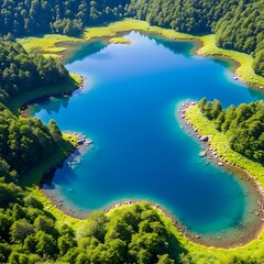 Serene alpine lake nestled within a vibrant green forest, showcasing a tranquil landscape with crystal-clear water.