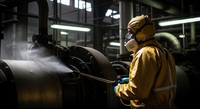 Industrial cleaning, worker in hazmat suit disinfecting machinery with high-pressure water jet, safety precautions