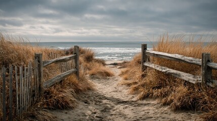 Sandy path leading to the ocean through tall golden beach grass and a weathered wooden fence on a cloudy day at the coast