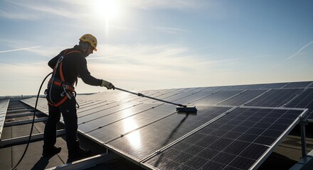 Solar Panel Cleaning, Worker in Safety Gear Cleaning Solar Panels on a Roof, Sustainable Energy Maintenance