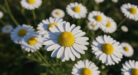 Close-up of beautiful white daisies with yellow centers in sunlight.