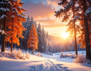 A breathtaking winter sunrise paints the snow-covered forest with vibrant hues of orange and gold, casting warm light on the frosted trees and trails.