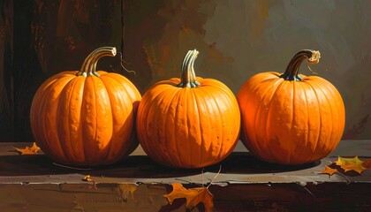 Three vibrant pumpkins, rich orange hues, illuminated by natural light, sit in a still life composition on a rustic surface, with autumn leaves.