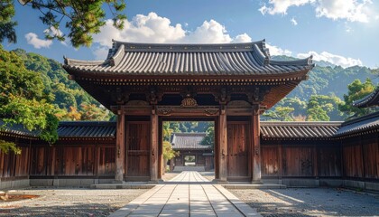 Ornate Wooden Gate with Intricate Roof Detail in Eastern Architectural Style Under a Bright Blue Sky