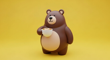 Cute brown bear enjoying a latte with latte art on a yellow background in a 3d render perfect for a coffee advertisement