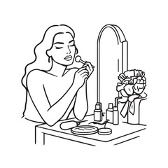 Black and white line art of a beautiful woman doing makeup at dressing table with mirror illustration